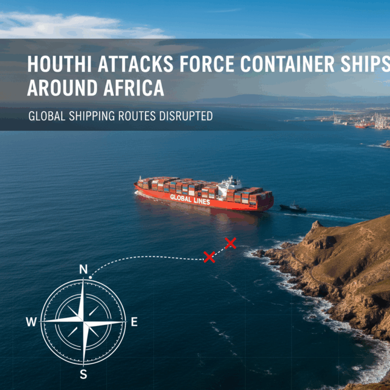 Professional featured image for maritime/shipping article: Houthi Attacks Force Container Ships Arou