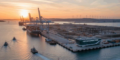 Professional featured image for maritime/shipping article: Port Development News. High quality photo