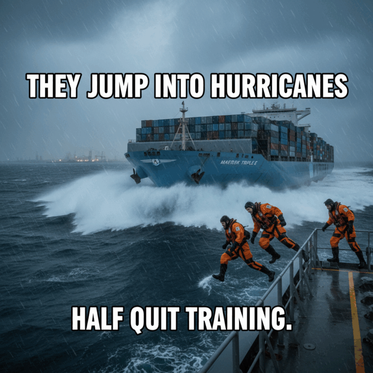 Professional featured image for maritime/shipping article: They Jump Into Hurricanes. Half Quit Trai