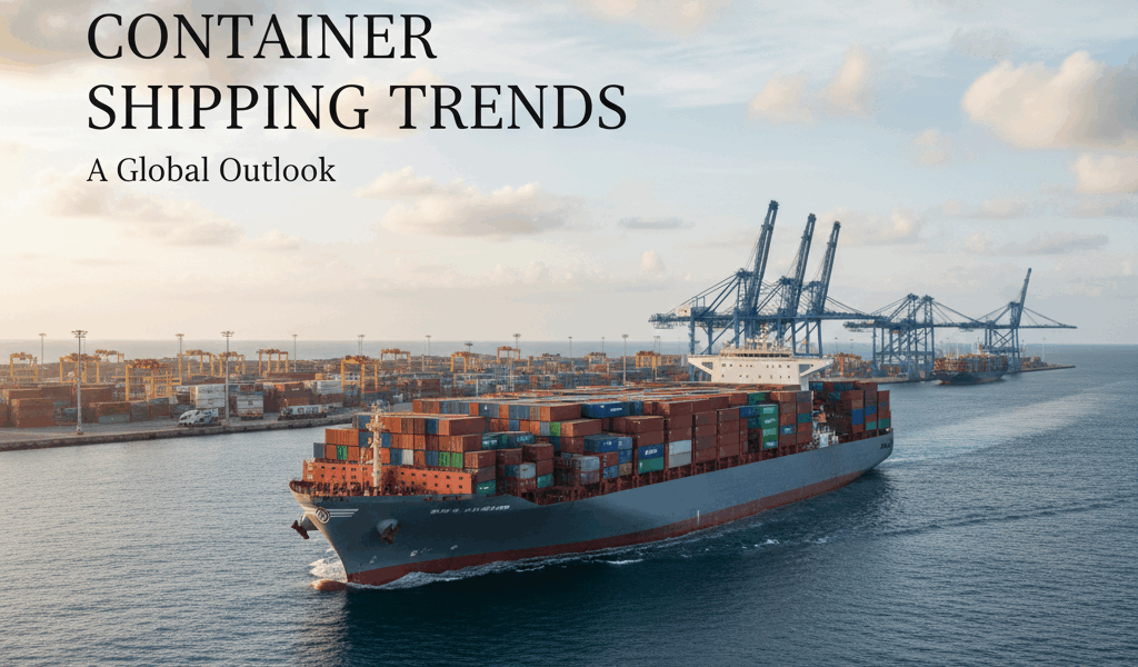 Professional featured image for maritime/shipping article: Container Shipping Trends. High quality p