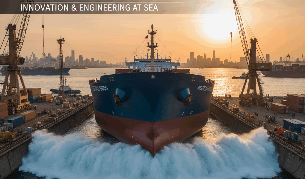 Professional featured image for maritime/shipping article: Shipbuilding News. High quality photograp