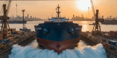 Professional featured image for maritime/shipping article: Shipbuilding News. High quality photograp