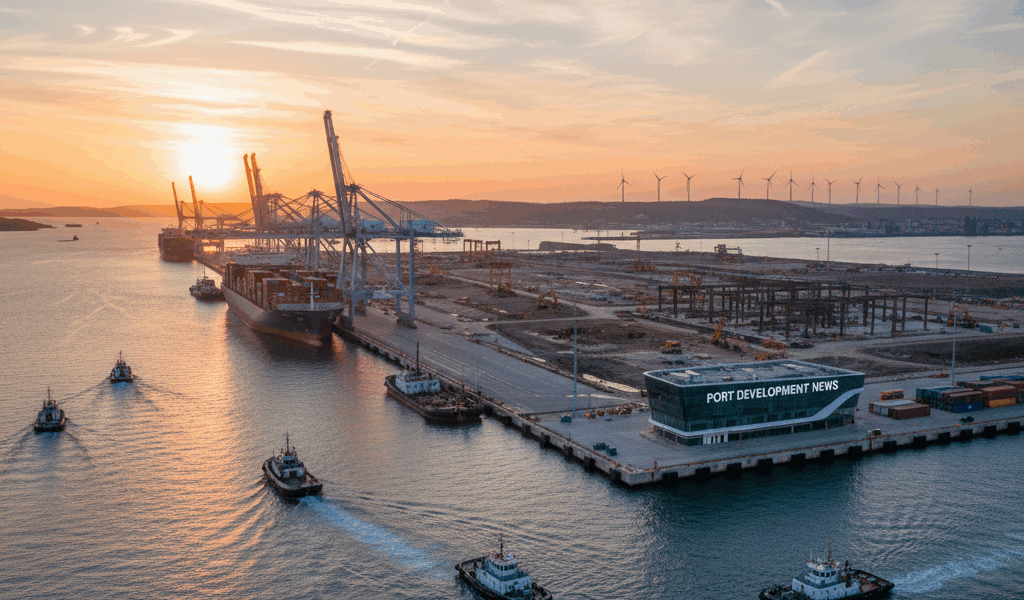 Professional featured image for maritime/shipping article: Port Development News. High quality photo