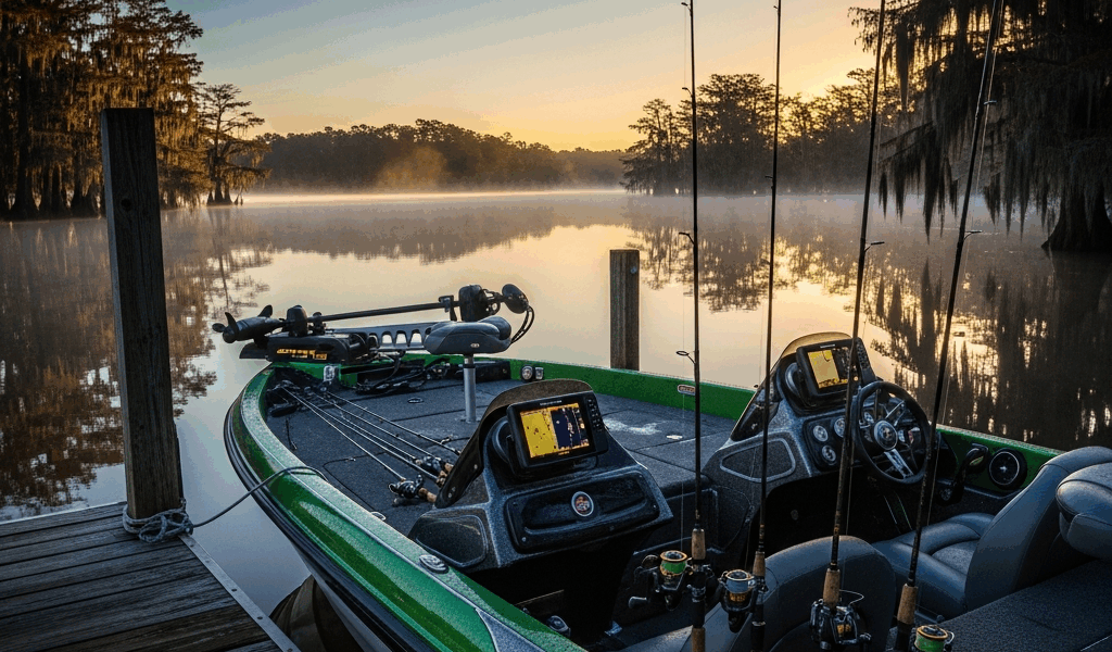 bass fishing boat docked at a lake marina morning light refl 20260331 083914