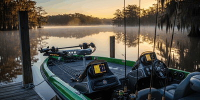 bass fishing boat docked at a lake marina morning light refl 20260331 083914