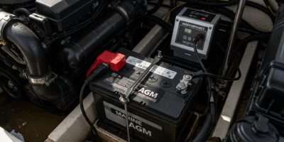 marine agm battery on a boat engine compartment maintenance 20260331 083454
