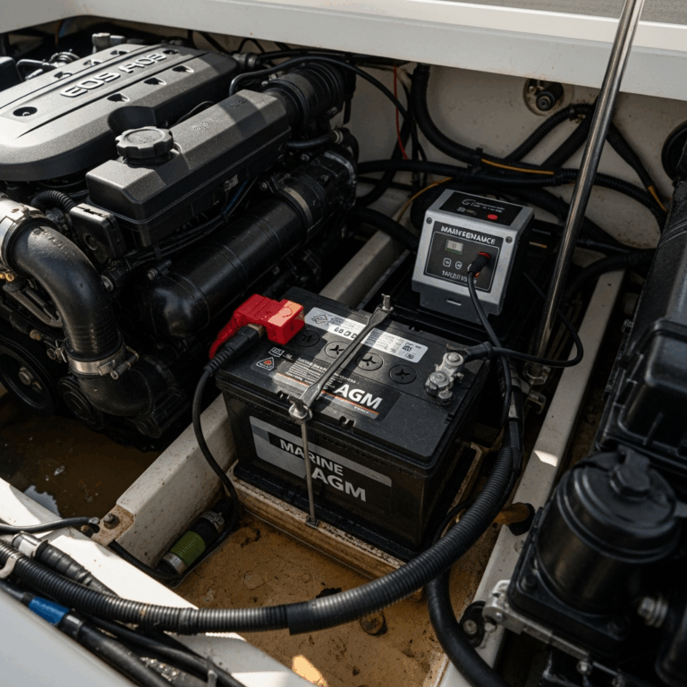 marine agm battery on a boat engine compartment maintenance 20260331 083454