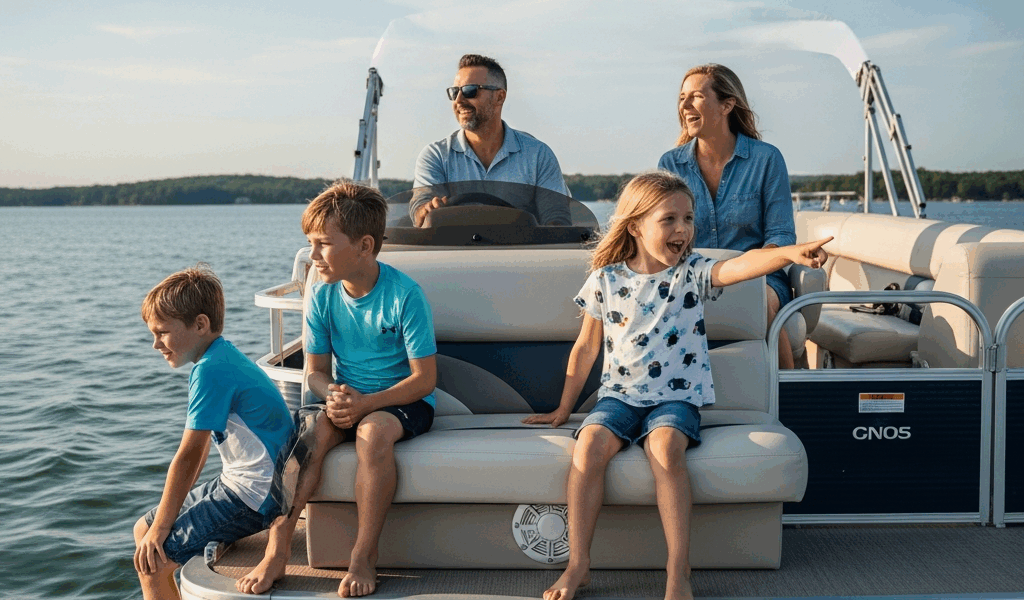 pontoon boat with twin outboard motors on a calm lake family 20260331 083707