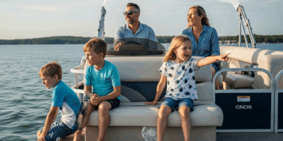 pontoon boat with twin outboard motors on a calm lake family 20260331 083707
